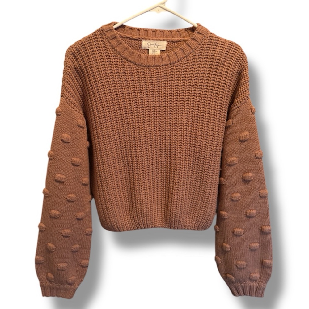 Brown Jessica Simpson Cropped Drop Shoulder Detailed Sleeve Knit Sweater